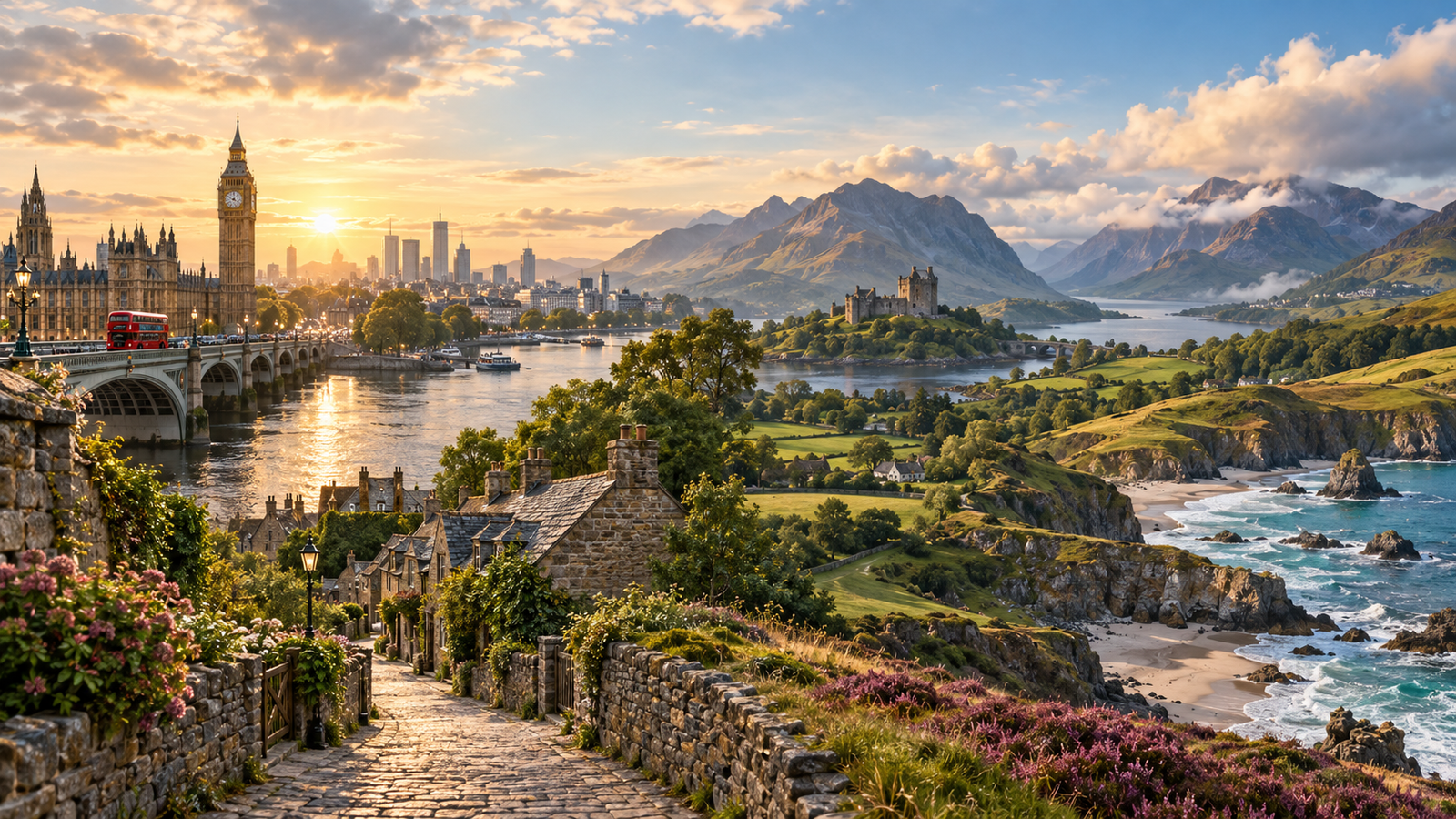 Illustrated United Kingdom travel panorama with London, a stone village, Scottish Highlands and a rugged coast.
